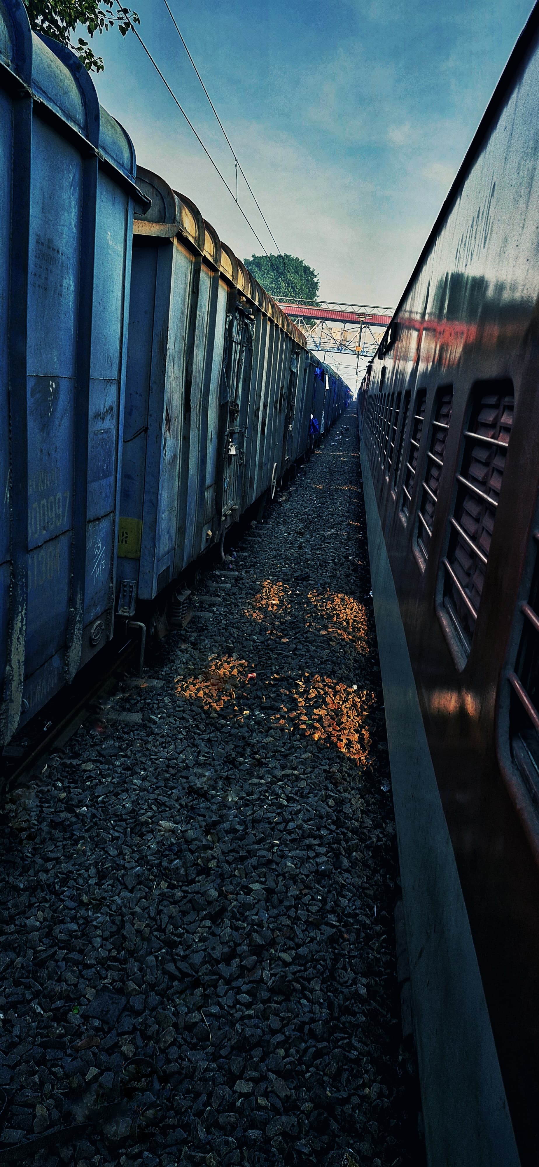A train is parked on the tracks beside another train, showcasing their proximity and the railway environment.