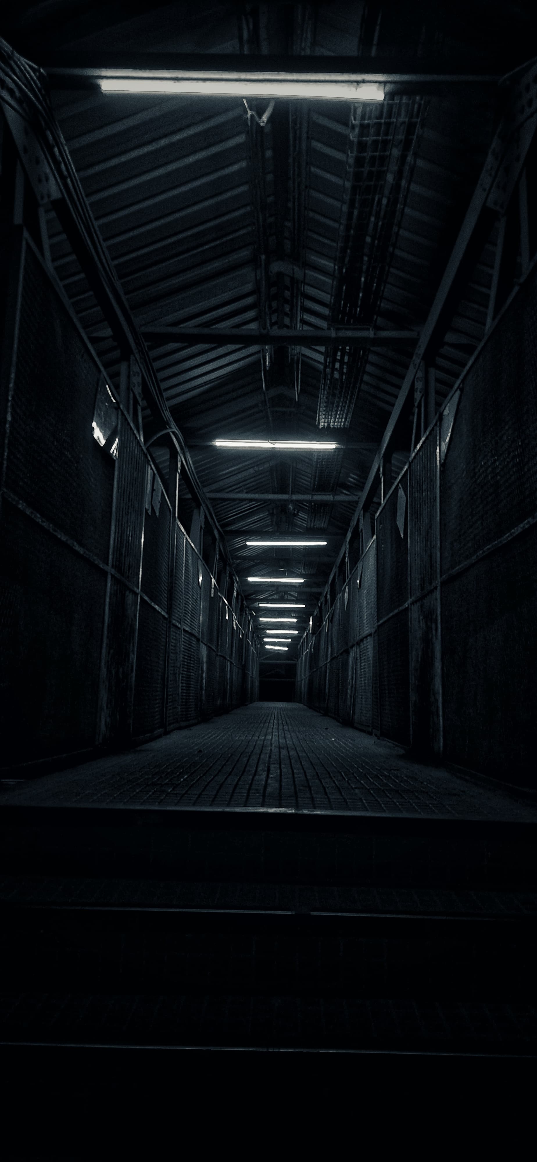 A dark tunnel illuminated by a single beam of light shining down the center.
